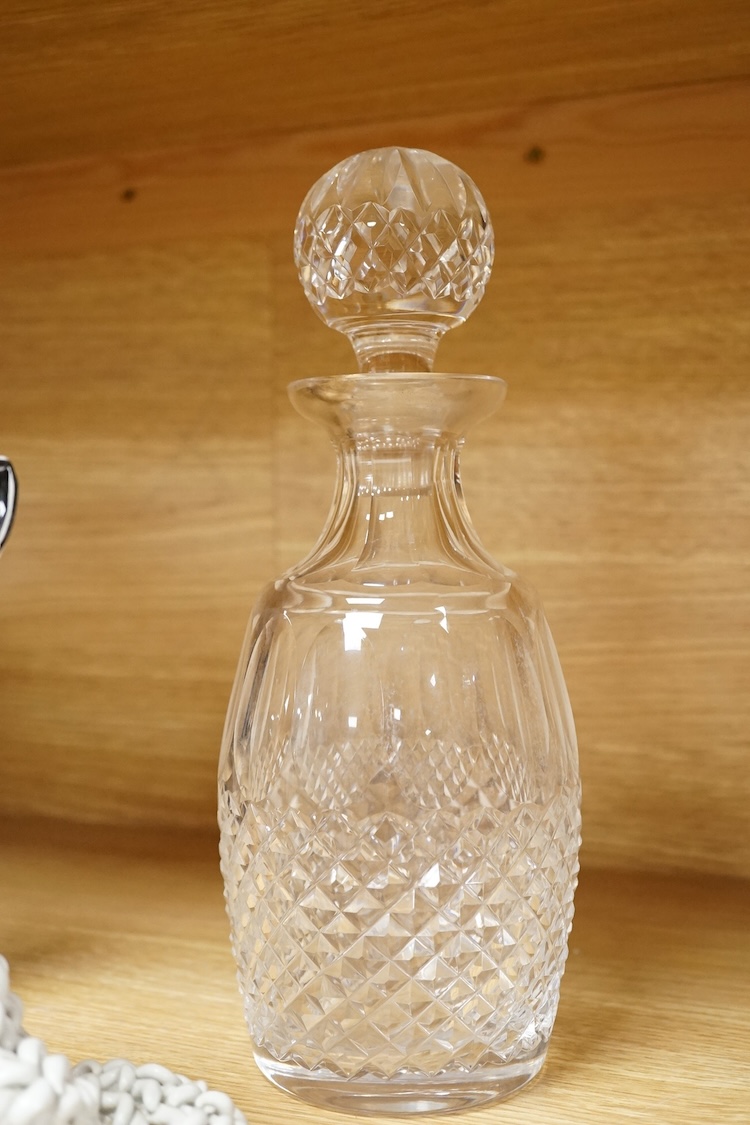 A pair of Worcester blush miniature ewers, an Italian pottery cat and a glass decanter and stopper, decanter 27cm high